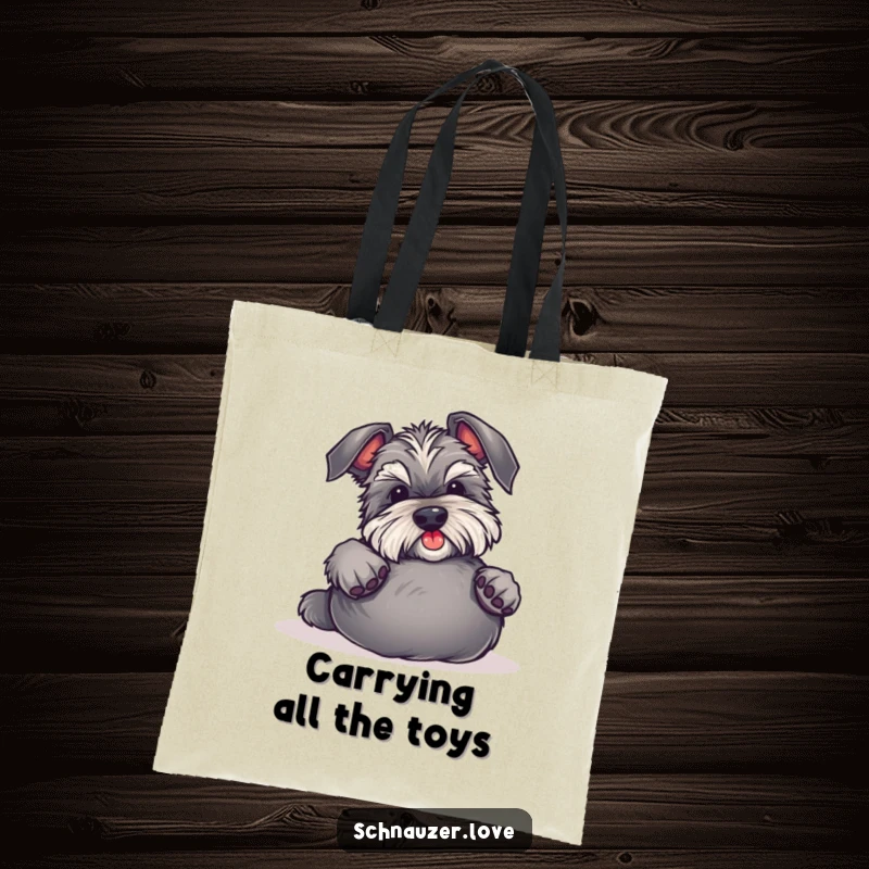 Funny Schnauzer Tote Bag shows a happy dog inviting belly rubs, perfect for carrying groceries and essentials with a humorous touch.