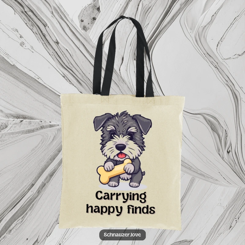 Funny Schnauzer Tote Bag: Eager fluffy schnauzer with a bone toy, showcasing a funny, action-packed moment.