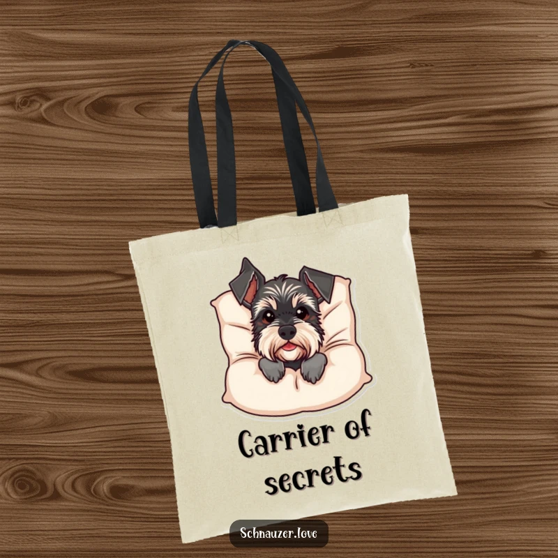 Funny Schnauzer Tote Bag: A sneaky schnauzer emerges from behind a soft cushion, showcasing a humorous and endearing design. Ideal funny gift accessory.