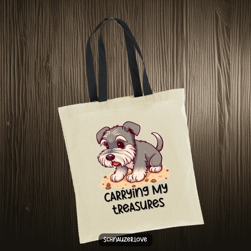 Funny Schnauzer Tote Bag: A happy schnauzer with a wagging tail digging in soft soil, perfect for carrying essentials.