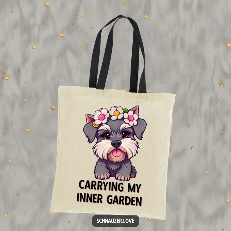 Funny Schnauzer Tote Bag: A playful dog in a flower crown, shaking its head joyfully. A practical and funny gift for schnauzer admirers.