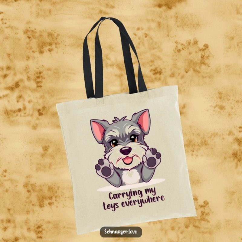 Funny Schnauzer tote bag illustrating a cute schnauzer with paws extended, inviting everyone to join the fun.