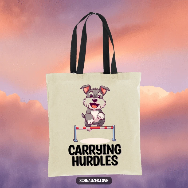 Funny Schnauzer tote bag showing a cute dog happily jumping over a tiny hurdle, perfect for carrying your daily victories.