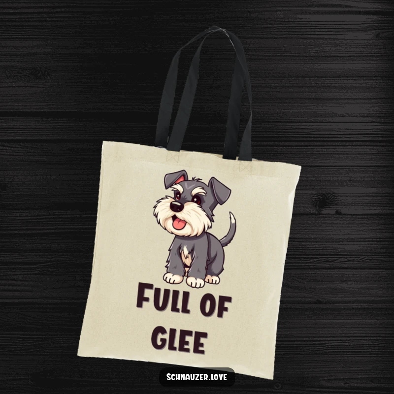 Funny Schnauzer tote bag featuring an excited schnauzer with a wagging tail, a practical and humorous item.