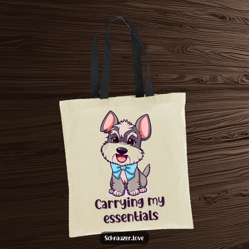 Funny Schnauzer Tote Bag: Excited schnauzer character wearing a bow, tail wagging, perfect for carrying essentials humorously.