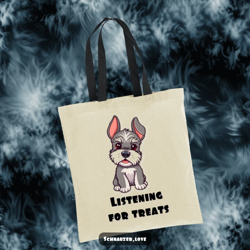 Funny Schnauzer tote bag with a schnauzer whose ears are perked, listening intently to whispers and secrets.
