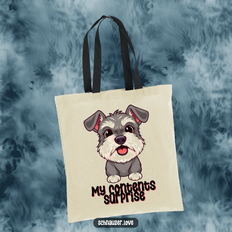 Funny Schnauzer Tote Bag showing a surprised dog with its mouth open, eyes wide, capturing a priceless reaction.