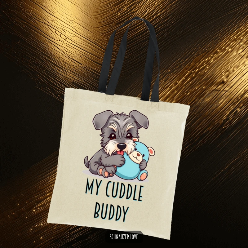 Funny Tote Bag: A happy schnauzer with floppy ears cuddles a plush toy, offering a humorous and practical accessory for dog lovers.