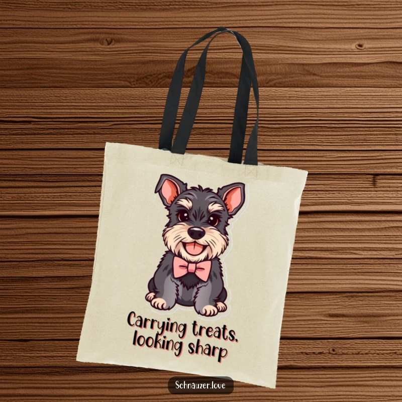 Funny Schnauzer Tote Bag showcasing a smiling dog adorned with a miniature bowtie, ideal for shopping with a smile.